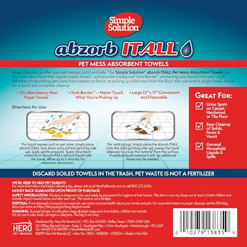 Simple Solution Abzorbitall Pet Mess Absorbent Towels - Multi-Surface Urine and Dog Poop Cleaning Sheets - 12 x 17 inches - 30 Towels
