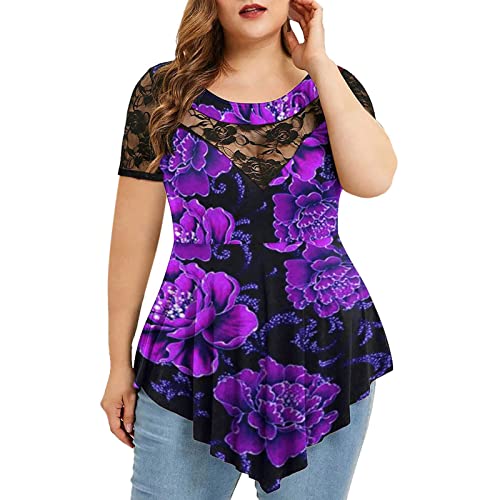 VEMOW Neck Lace Sommergröße Tops Damen O Plus Tuniken Ärmel Kurze Hemden Elegante Freizeitbluse Plus Size Tops Blusen Damen Weinrot Cover