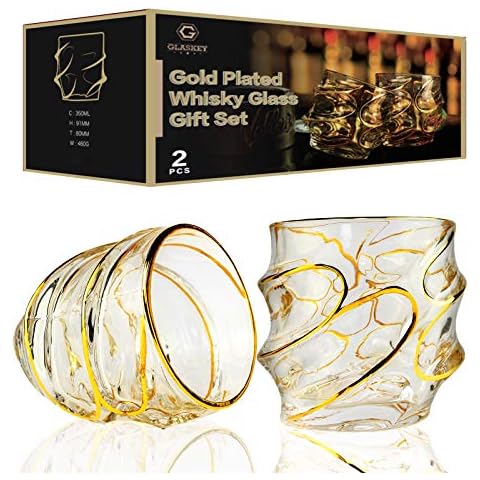 Crystal Whiskey Glass Set of 2, 10-ounce Gold Lining Heavy Base Short Drinking Glassware for Bourbon Scotch Irish Whisky Cocktail Water Home Bar Party Cover