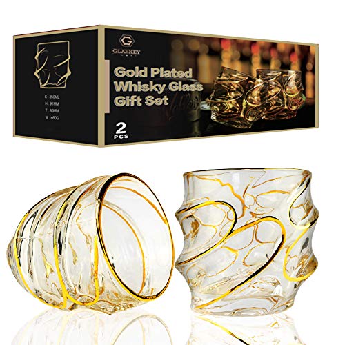 GLASKEY 12 oz Unique Cognac Glasses, Hand Blown Crystal Whiskey Glasses Set of 2, Heavy Thick Bottom Bar Glasses for Scotch Bourbon Rum Gin Water Cocktail (Gold)