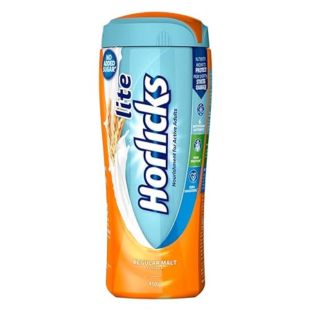 Horlicks Lite Health & Nutrition Drink for Adults 450 g (Regular Malt) Jar, High Protein & Nutrients for Immunity - No Added Sugar