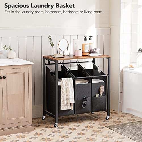 Hoobro Laundry Hamper Cart, 3-Section Laundry Basket With Flip Top, 29.5"L X 15.7"W X 32.7"H, Laundry Sorter, 3 × 10 Gal (38L), Removable Oxford Fabric Laundry Bags, Rustic Brown And Black Bf75Xy01 #TOP1