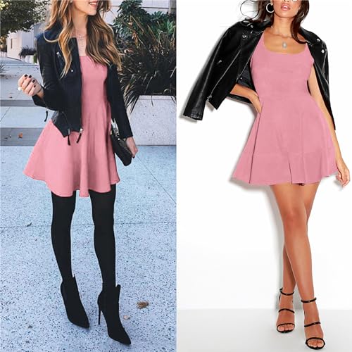 Image of FANCYINN Women's Short V-Back Dress U-Neck Inslace Hem Wide Straps Tank Mini Skater Cocktail Dresses