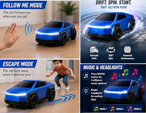 Image of RC Drift Car for Kids with Mist Spray | Drift & 360 Spin | Follow Me & Escape Mode | LED Headlights, 3 Music Modes | USB Type-C Rechargeable Remote Control Toy Car Gift for Boys & Girls - Blue