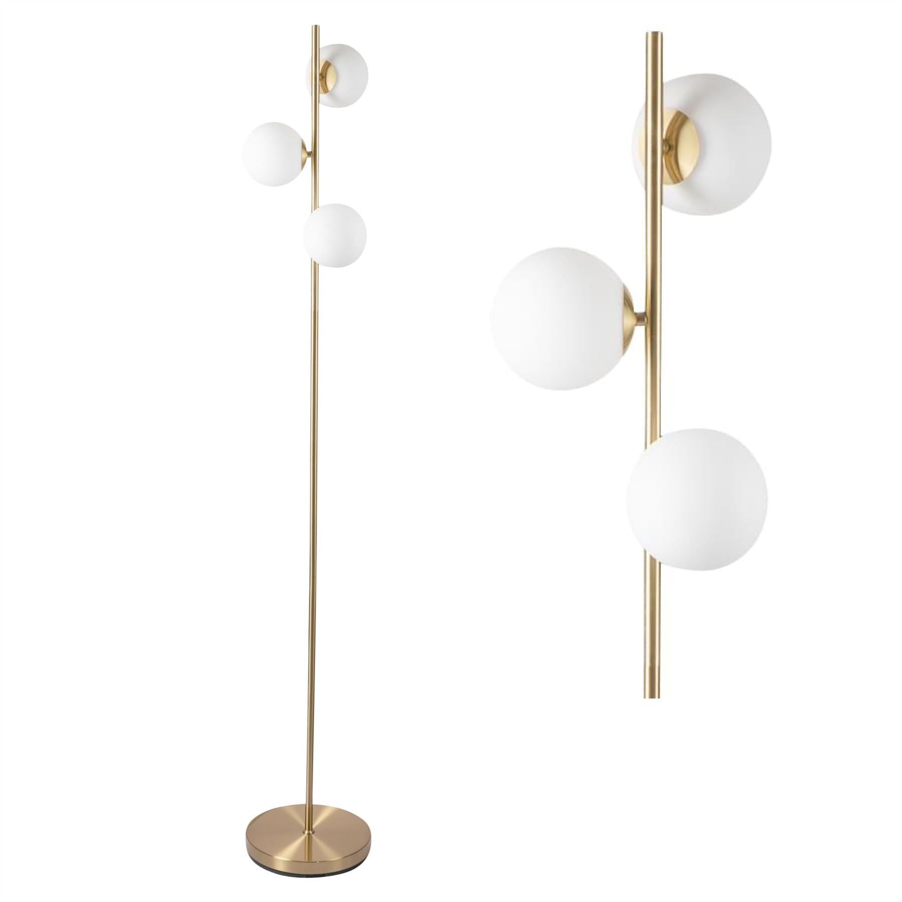 Firstchoicelighting Satin Brass & White Modern Satin Brass Stem Floor Lamp With Opal Globe Glass Shades