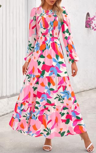 Image of PRETTYGARDEN Women's Fall Dresses 2026 Long Sleeve Flowy Casual Floral Maxi Dress Crew Neck Smocked Tiered Long Dress