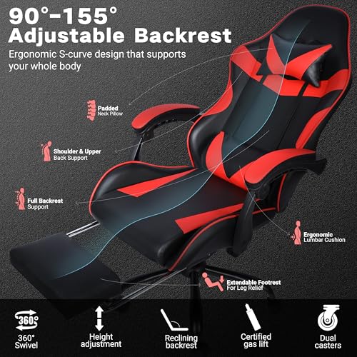 FAB&DELUXE Gaming Chair, Ergonomic Computer Office Chair with Footrest and Lumbar Support, Height Adjustable Desk Chair with 360° Swivel Seat and Headrest, Red & Black - Image 4