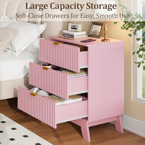 Image of Fluted Nightstand Sets of 2 with 3 Large Drawers, Wooden Side End Table with Elevated Legs for Easy Cleaning, Sturdy Modern Beside Table for Small Space, Bedroom, Pink, 24 inch L