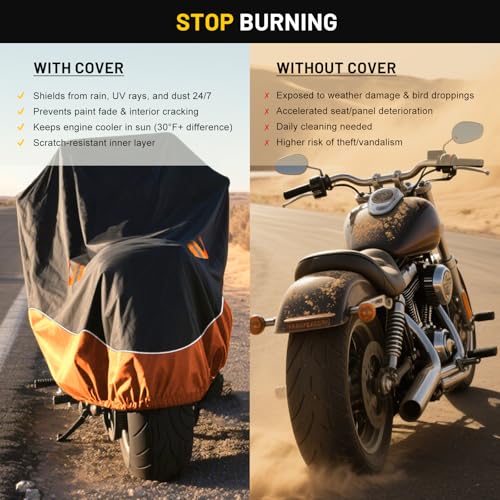 Image of XYZCTEM Motorcycle Cover All Season Waterproof Outdoor Protection | Fit up to 116 Inch Tour Bikes, Choppers and Cruisers - Protect Against Dust, Debris, Rain and Weather (Black and Orange)