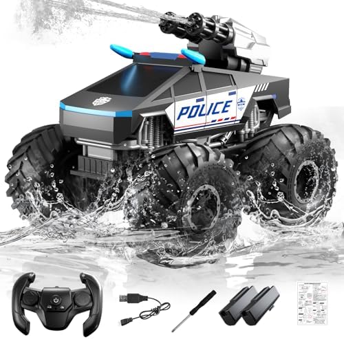 Remote Control RC Car, 1:18 Amphibious Remote Control Car,3-in-1 RC Monster Trucks/RC Boat/Water Gun,2.4GHz All Terrain Waterproof 4WD Off-Road RC Trucks Pool Toys Birthday Gift for Kids (Black)