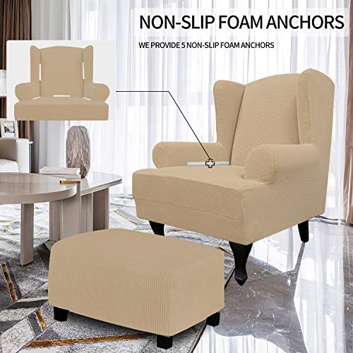 Image of Easy-Going Stretch Large Wingback Chair Sofa Slipcover Sand | 1-Piece Sofa Cover Furniture Protector Couch Soft with Elastic Bottom, Spandex Jacquard Fabric Small Checks