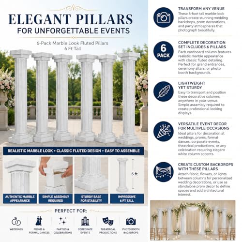 Fun Express Marble Look Fluted Pillars Cardboard Columns 6 Pack - Premium 6 Ft Wedding Decorations for Ceremony Backdrop | Party & Prom Decor Photo Booth Props | White Stand-Up Event Pillars VBS 2026
