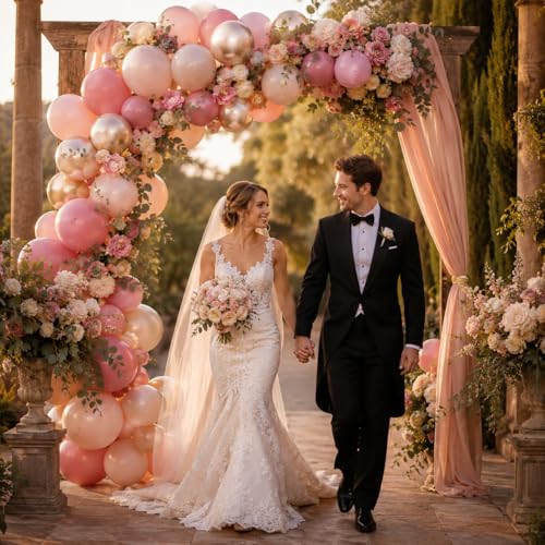 Image of Pearl Pink Gold Balloons, 50pcs Double Stuffed Pearl Pink Beige Balloon Metallic Gold Balloons for Women Girls Boho Birthday Bridal Baby Shower Floral Wedding Mothers Day Party