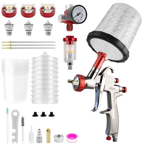 R500 LVLP Luftspritzpistole 3 Düse 1,3/1.7/2.0 mm Spritzpistole Lackierpistole mit 10 Stück 650ML Einwegbechern Spritzpistole Cups und Luftregler Farbsprühsystem (1,3/1.7/2.0 mm)