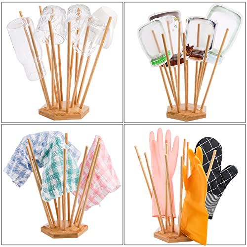 Elsjoy Set of 2 Plastic Bag and Bottle Drying Racks, Bamboo Dryer Rack Stand with 12 Sticks, Reusable Bag Cup Drainer Holder for Kitchen Storage, Hexagon Base by Elsjoy - Image 5