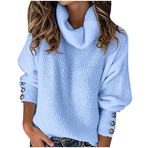 Rollkragenpullover Damen,Damen Rollkragen Pullover Oversized Winter Langarm Strickpullover Casual Warm Pulli Lose Gestrickt Sweater mit Metallknöpfen