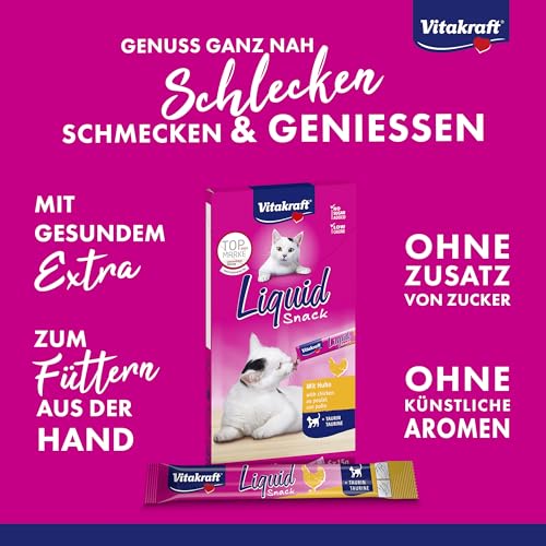 Vitakraft Liquid Snack, Katzen Leckerli, Katzensnack cremig, mit Huhn und Taurin, in einzelnen Sachets, unterstützt die Augen und das Herz (1 Paket mit 6x 15g)