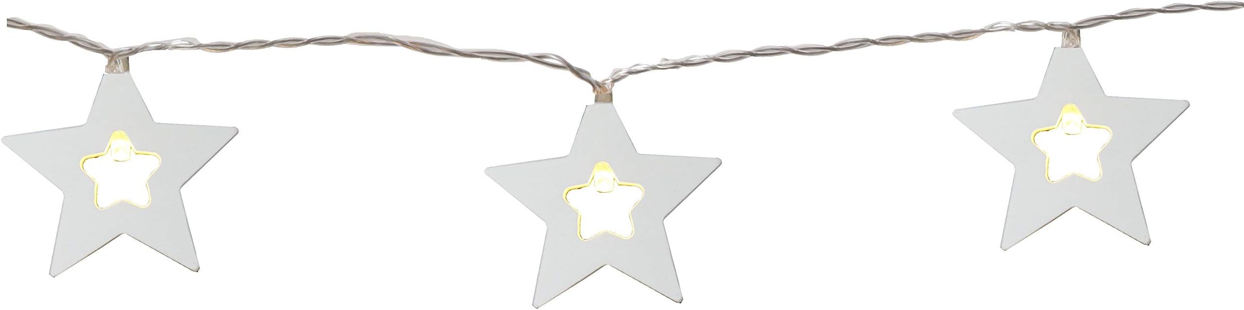 Star Lightchain, Cable:Transparent, White Wooden, 10 Warm LED, Timer, Length 1,35m, Battery Operated, Wood