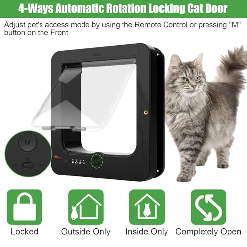 Chatière électronique intelligente pour chat avec 2 colliers de capteur et télécommande, mode de verrouillage réglable, résistant aux intempéries pour ouverture de 19 x 19 cm