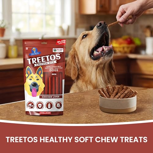 Image of Dr. Pets Pack of 2 (85g Each) Treetos Chicken Stix Dog Treats | Chicken Liver Flavour | Soft Chew Sticks for Puppies & Adult Dogs | Training Reward Treat | Easy to Digest | Pouch Pack