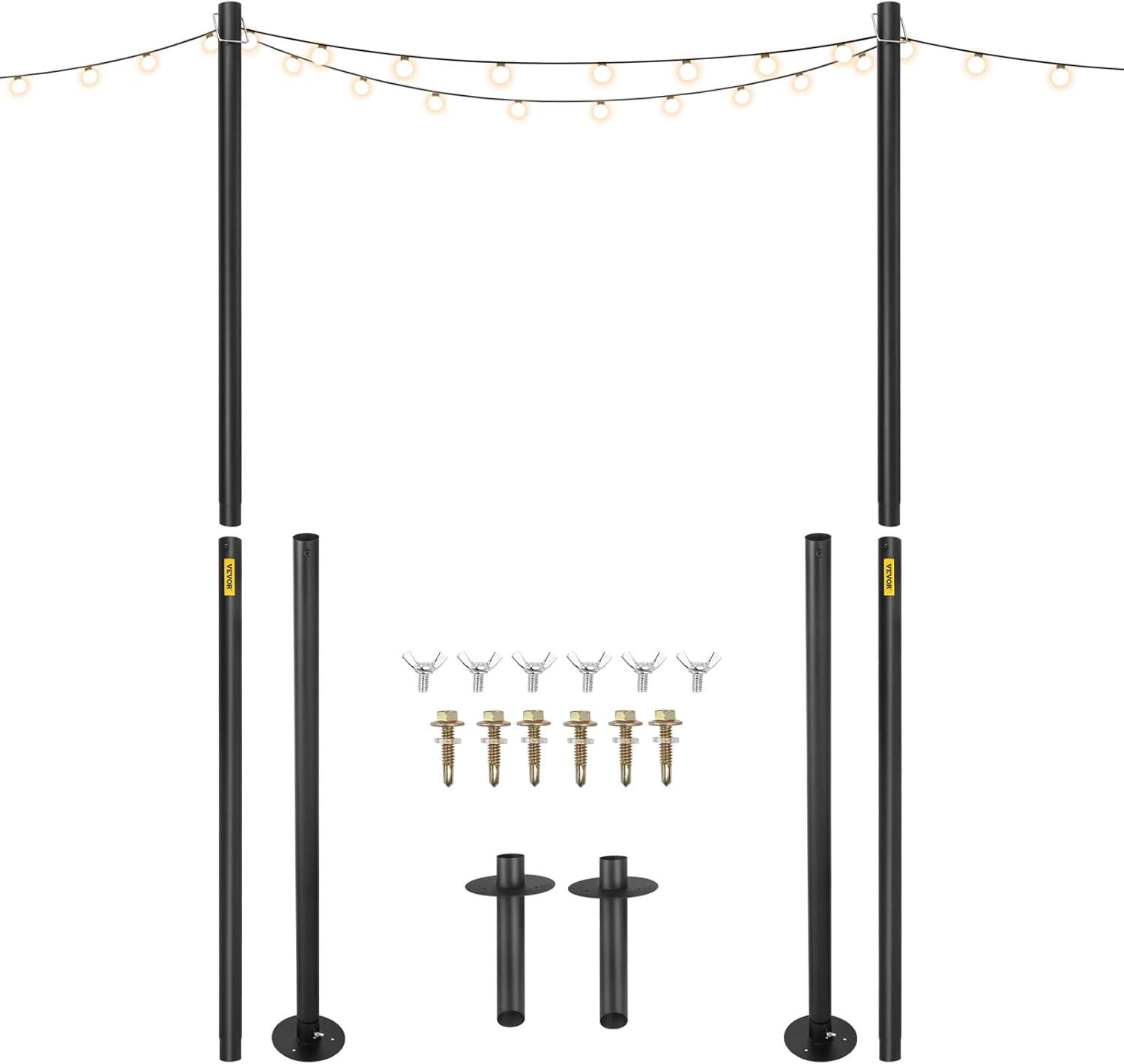 VEVOR String Light Poles, 2 Pack 10.6 FT, Outdoor Powder Coated Steel Lamp Post with Hooks to Hang Lantern and Flags, Universal Mounting Options to Decorate Garden, Patio, and Deck for Party, Black 10.6 FT Lamp Post with Hooks 2 Pack
