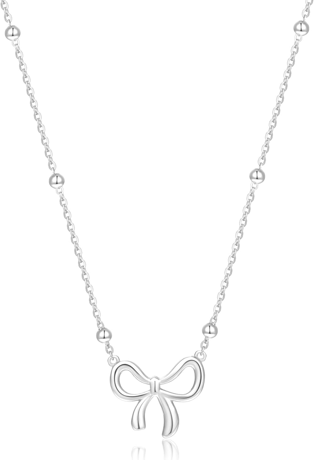 925 Sterling Silver Necklace Elegant Bow Pendant Necklaces for Women 14K Gold Plated Choker Bead Chain Jewelry Gift Non Tarnish