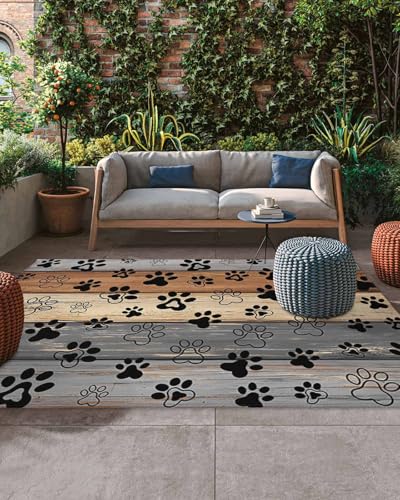 Outdoor Rug 4x6ft, Farmhouse Plank Cute Dog Paws Indoor Area