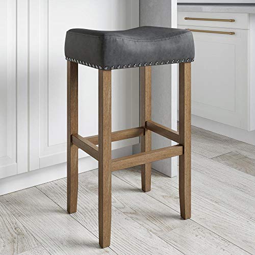 Nathan James Hylie Nailhead Wood Pub-Height Kitchen Counter Bar Stool, 29', Dark Gray/Light Brown