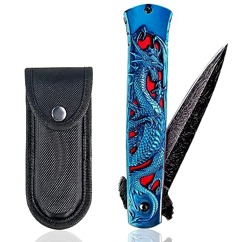MADSMAUG Single Edged Klappmesser cool Taschenmesser mit 3D Drache Titanplattiert Prägen Reliefgravur gute Geschenk Edc Messer für Männer Überleben Camping(blau)
