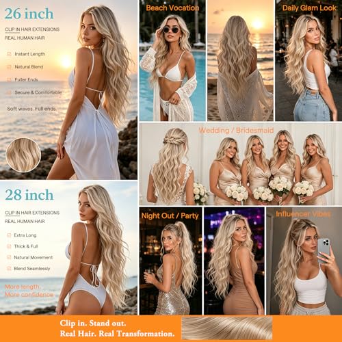 Image of Sunny Hair Clip in Hair Extensions Real Human Hair Blonde 200g 28 Inch | Remy Hair Clip in Extensions, Extra Long Hair and Full Head Coverage, Heat Styling Friendly for Stage Styling & Photo Shoot