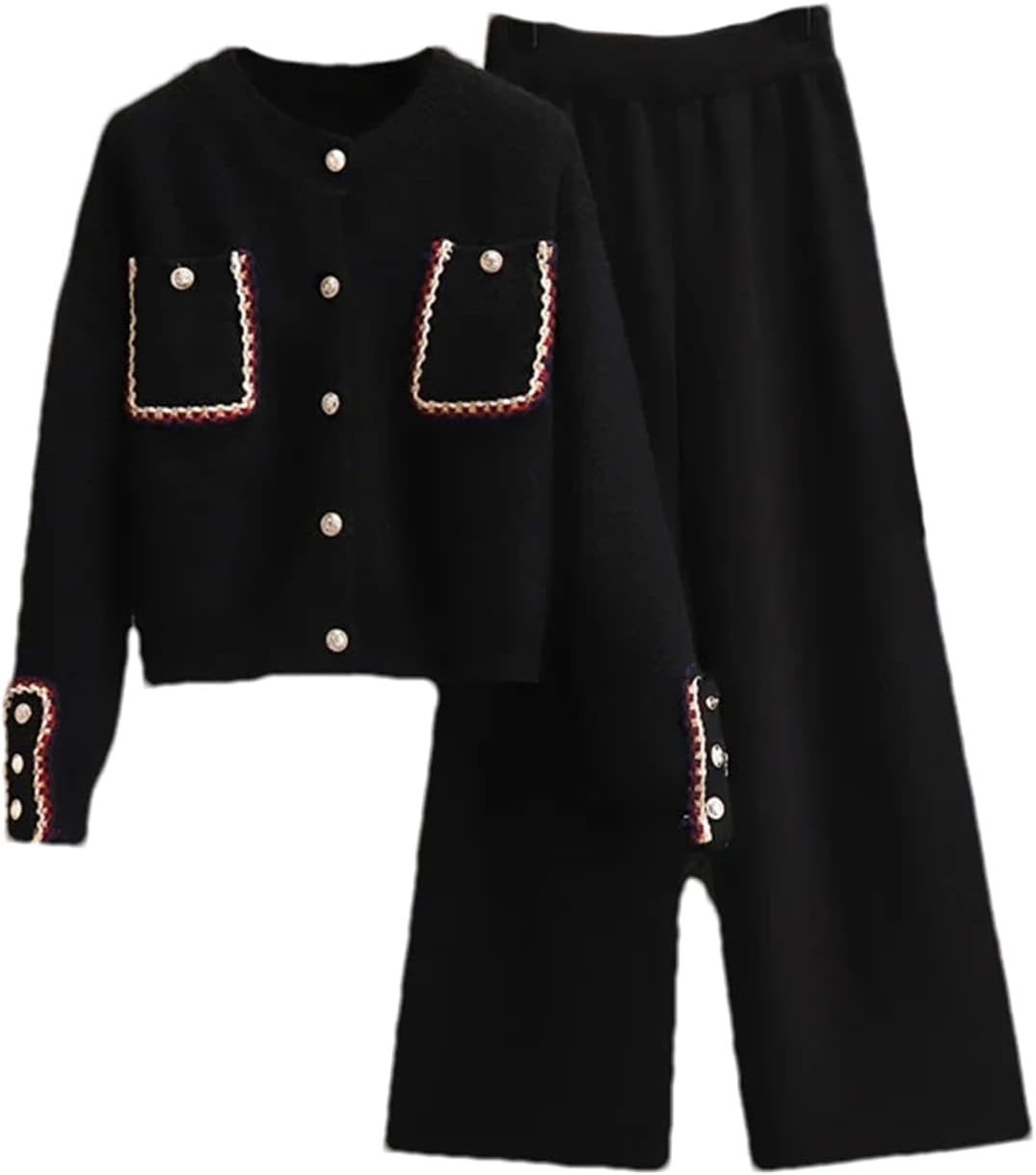 Women Knitting 2-Pieces Sweater Suit Soft O -Neck Single-Breasted Cardigan+Pants Lady Winter Sweater Set Autumn