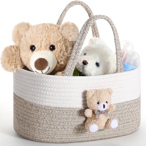 Bear Diaper Caddy Organizer Cart Storage for Nursery with Handle, Bear Baby Shower Basket Gift Bath Caddy for Diapers and Baby Wipes, Basket for Nursery