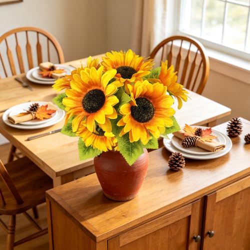 Image of 6PCS Sunflower Fall Artificial,Fake Silk Yellow Fall Sunflower Arrangement | 13.8 inch Autumn Artificial Flowers for Fall Home Decor, Baby Shower, Wedding Decor and Cemetery Flowers Decor