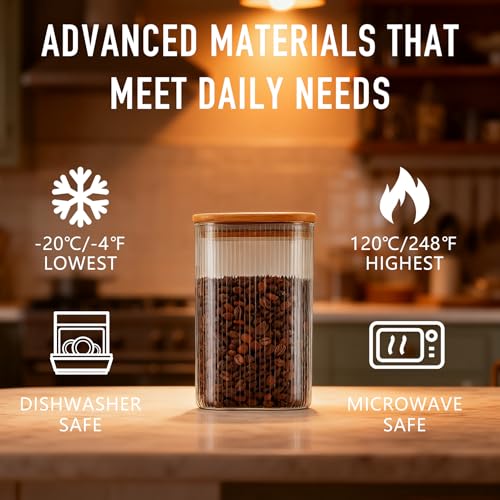 D2scrma 37oz Airtight Glass Square Storage Canisters with Bamboo Lids Set of 4 (1100ml) Striped Stackable Containers, Decorative Kitchen Jars for Tea, Nuts and Coffee (‎with Black Lable) — view 4