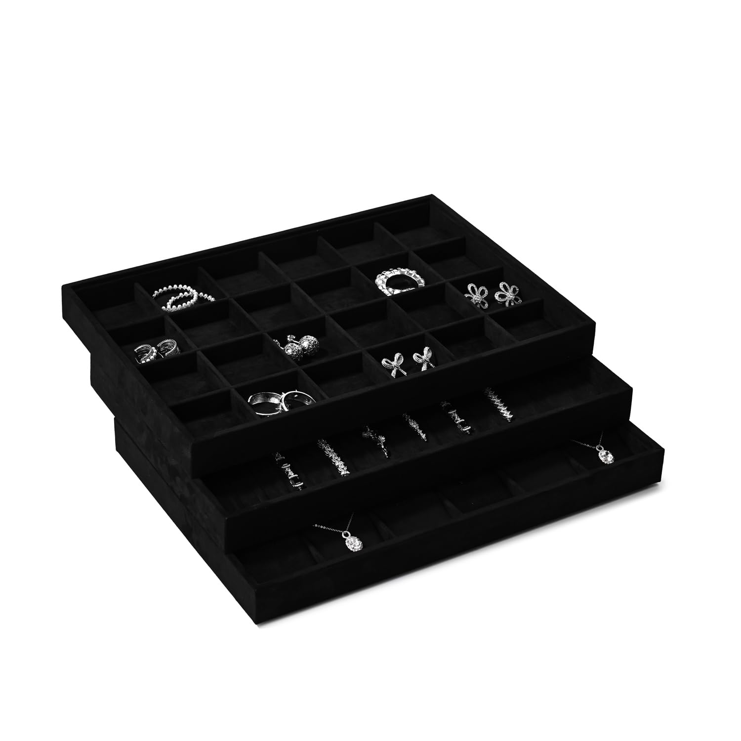 Oirlv Noir Plateaux de Bijoux en Microfibre - Organiseur Plat pour Anneaux, Colliers et Montres - Présentoir D'affichage