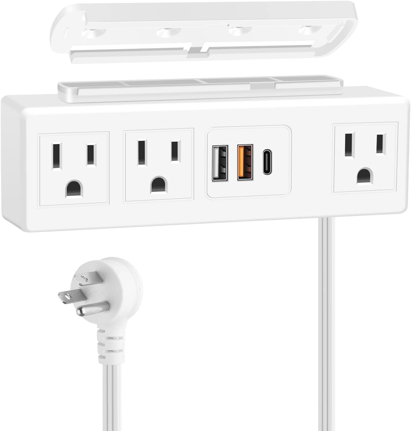 White Under Desk Power Strip, Adhesive Wall Mount Power