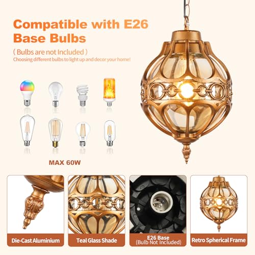 Dusk to Dawn Aluminum Outdoor Pendant Lights for Porch Garage, Vintage Globe Pendant Lighting Outside Gold Hanging Light Fixture with Amber Glass, Waterproof Exterior Chandelier, 2 Pack