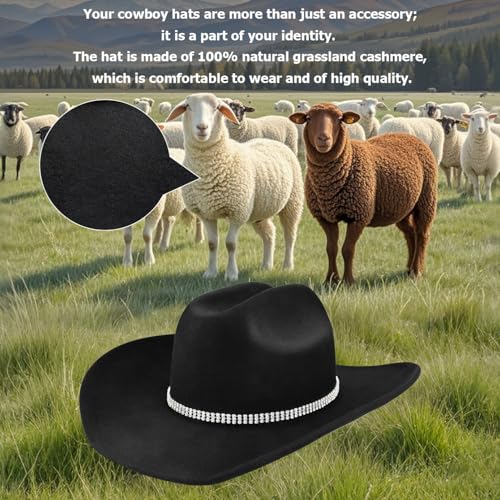 Image of 100% Wool Western Cowboy Hat for Men Women Classic Fedora Hat Felt Cowgirls Hats with Two Decorative Bands
