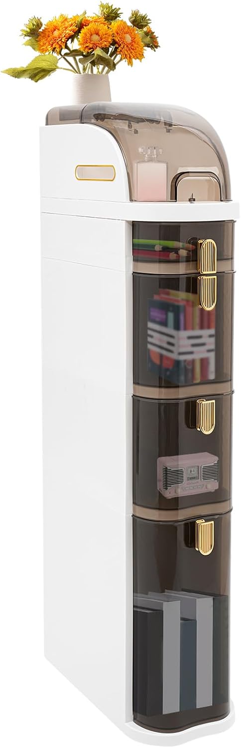 4-Tire Plastic Slim Storage Cabinet, Rolling Bathroom Floor Cabinet with Toilet Paper Holder for Small Sapce Bedroom Living Room