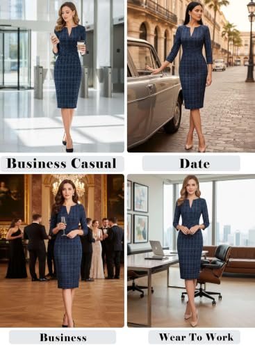 Image of VFSHOW Womens Work Business Office Zipper Up Slim Bodycon Sheath Dress | 3 /4 Sleeve, Crew Neck, Front Zipper, Crisscross Waist, Church Spring Fall Pencil Dress