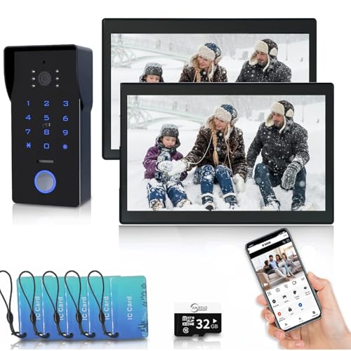 Wired Video Doorbell WiFi Intercom System, 2-Wire Visual Doorbell, 1080P, 10'' Touch Color Display, Remote Unlock, Two-Way Audio, Night Vision, Anti-Alarm (1 Doorbell + 2 Monitor)