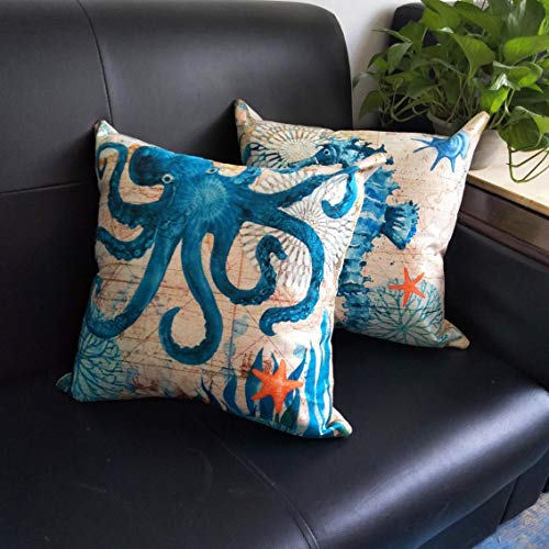 4-Pack-Ocean-Theme-Pillow-Covers-18x18in-Beach-Coastal-Decor-Outdoor-Cushions-Seashell-Throw-Pillow-Covers-for-Couch-Sofa-Bed-WO-Insert-Turtle-Seahorse-Whale-Octopus