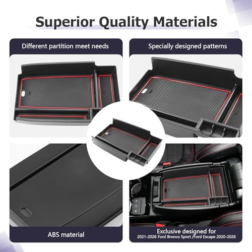 Image of LUWU Center Console Organizer Compatible with Ford Escape 2020-2025 2026 Accessories Bronco Sport 2021-2025 Accessories Armrest Console Storage Box Insert Tray ABS Material Black Coin Container Red