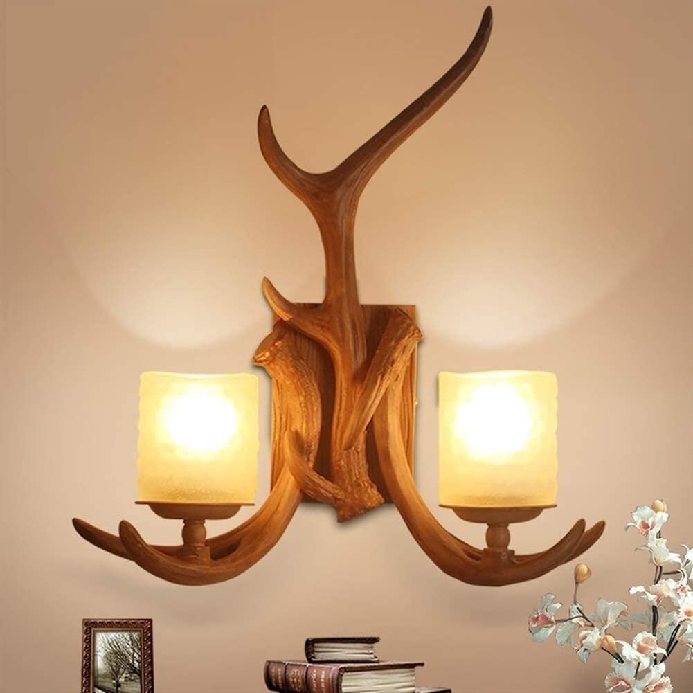 VDOQTLJT Wall Lamp 2-Lights Rustic Vintage Candle American Country Retro Resin Antler Sconce Light Fixture Cafe Bar Lantern for Indoor Bedroom Restaurant Lighting E27 Lights