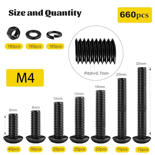 Image of 660PCS M4 Screws with Nuts Assortment Kit, M4-0.7 x 6 /8 /10 /12 /16 /20 /30 mm Hex Button Head Cap Bolts, Nuts & Washers Assorted Set - Grade 10.9 Alloy Steel Machine Screw, Black Zinc Plated