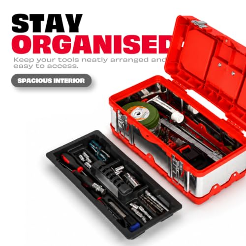 Image of JPT 17-Inch Metal Tool Box, Transparent Top Organizer, Removable Tray | 17 Inches Heavy-Duty Metal Body Transparent Lid Organizer Removable Organizer Tray Heavy-Duty Metal Hinges Locking Latch