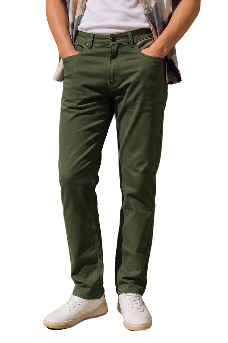 Men Trousers Casual Wear | Customised Regular Fit Straight Leg & Solid Washed Design | Breathable Cotton Blend Five Pocket Styling for Daily Work & Weekend Outings | Olive-image-31