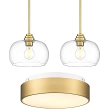 AUTELO Gold Pendant Lights & Ceiling Light Sets, Gold Pendant Lights Kitchen Island with Clear Glass, 2-Light Close to Ceiling Light Fixture in Antique Brass Finish,H9385 BG-R 2PK, C3312 BRZ