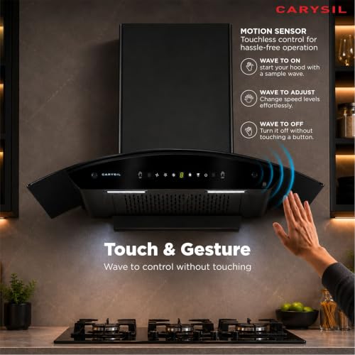 Image of Carysil Curvantis 90 cm Kitchen Chimney, Curved Shape, 1500 m /hr Suction, Auto-Clean Filterless, 3-Speed Touch & Gesture Control, LED Lamp, 10-Year Warranty - Black