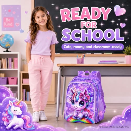 Image of 16 inch Unicorn Backpack for Girls, 3Pcs Rainbow Kids Backpacks with Lunch Box, School Bookbag for Elementary Preschool Kindergarten (Purple)